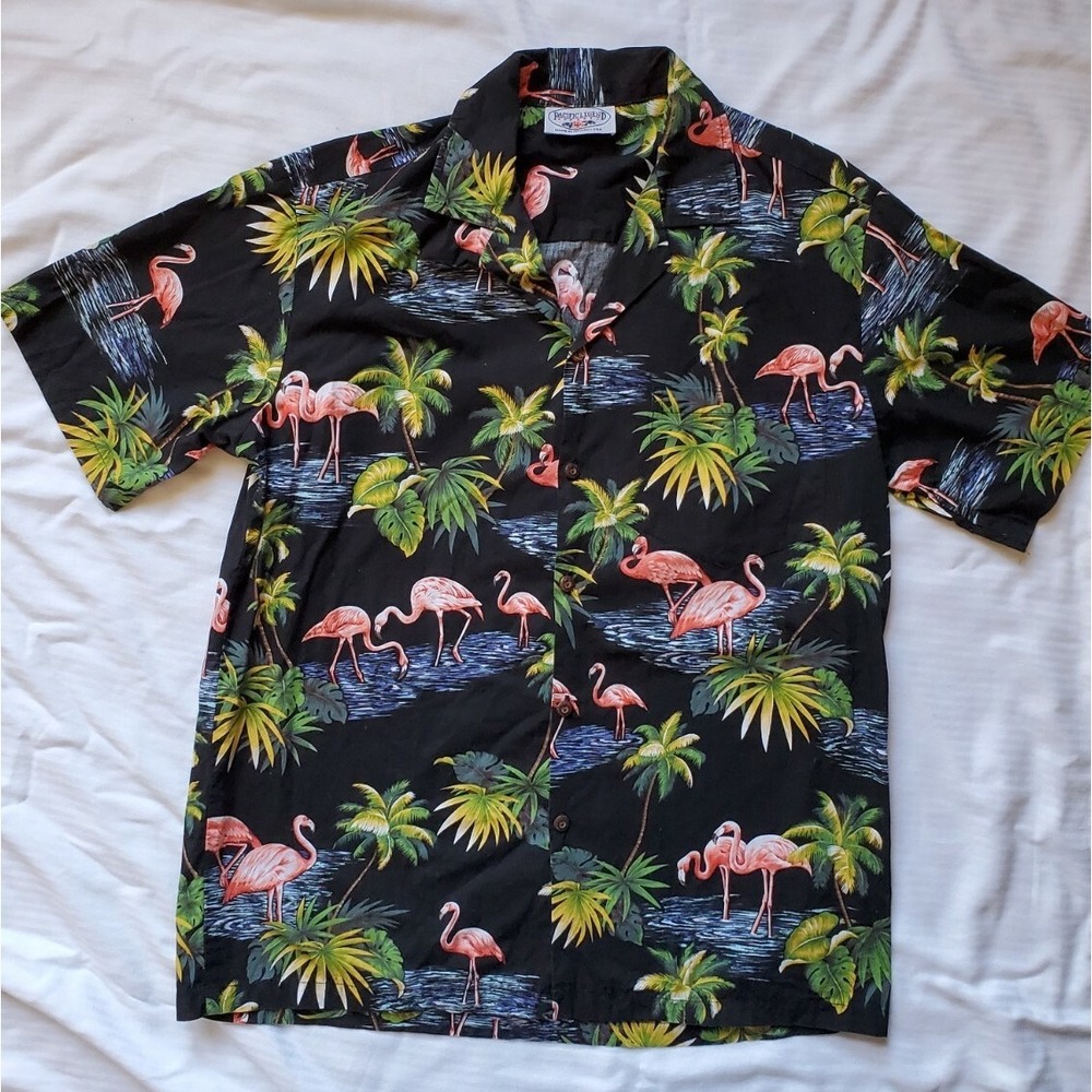 Vintage Pacific Legend Hawaiian Mens M Shirt Flamingo Hula Palm Tree